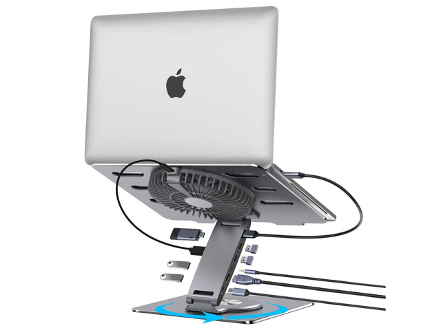 USB-C Hub Laptop Stand with Fan, Aluminum Laptop Riser with Docking Station 9-IN-1, 4K@60Hz HDMI, 100W PD Charging, USB 3.0, 3.5mm Audio, 360°...