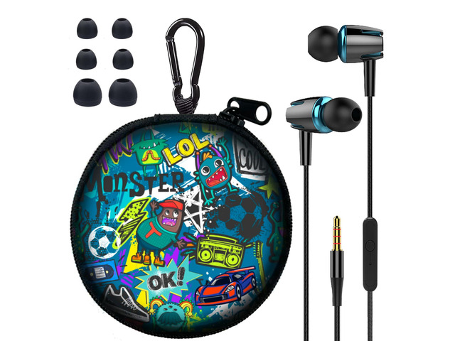 Teens Wired Earbuds with Case, 3.5mm Headphones for School,Classic Graffiti Wired Student Earbuds, with Carabiner Clip to Attach on School...