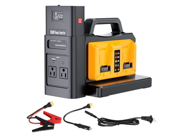 Pure Sine Wave Inverter Compatible with Dewalt 20V Battery, 2 in 1 500W 4 Ports Power Inverter Battery Charger Generator DC 20V to AC* 2 Outlets,...