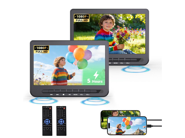 10.5' Car DVD Player Dual Screen with 1080P HDMI Input, Dual Portable DVD Player for Car Play A Same or Two Different Movies, 5-Hour Rechargeable...