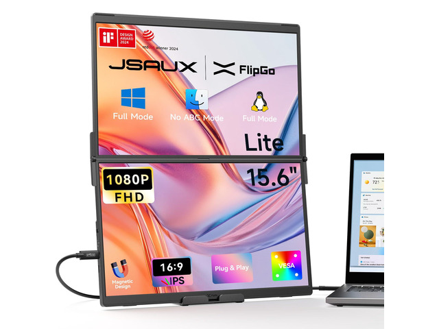 FlipGo Lite 15.6' Portable Dual Stacked Monitor, 1080P FHD IPS One-cable triple-monitor setup with magnetic design and built-in hub; no driver...