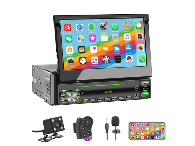 Single DIN Touchscreen Radio, Flip Up Screen Car Stereo with Bluetooth, Flip Out Single DIN Radio Supports MirrorLink, FM Radio, EQ, 1080P, USB,...