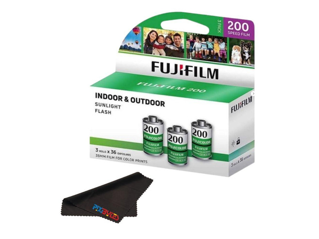 Fujicolor 200 ISO 35mm Color Film 3 Pack (36 Exposures Each) + PixiBytes Microfiber Cleaning Cloth Color Negative Film (200 Speed, 1 Pack (3 Rolls))