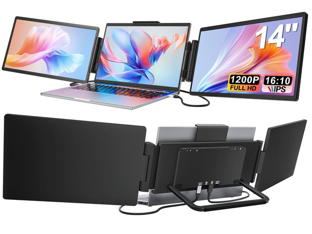 Laptop Screen Extender, 14' 1200P FHD IPS Light & Portable Triple Monitor 16:10 for 13.3'-16' Laptops, USB-C & HDMI Plug & Play Monitor Extender...