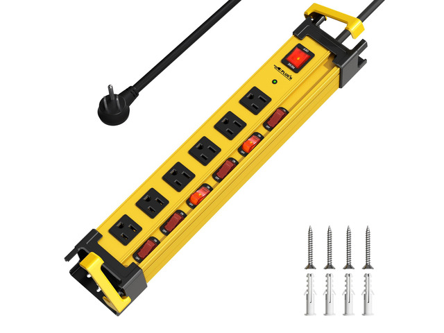 6 Outlet Heavy Duty 2700J Power Strip Surge Protector with Individual Switches Metal Mountable Power Strip with Flat Plug and Cord Manager, 6FT...