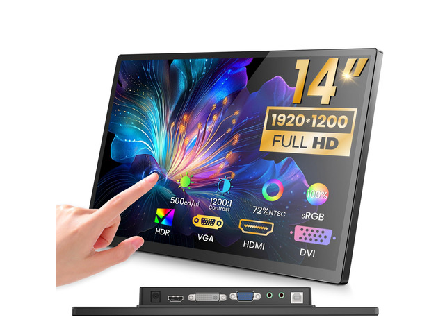 14 inch FHD Portable Touchscreen Monitor with HDMI VGA DVI Ports Compatible with Laptops PC PS5/4, Industrial, POS, Kiosk, Screen Extender...