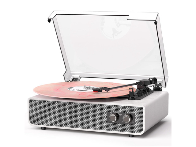 Vinyl Record Player with Upgraded Built-in Speakers, 3-Speed Belt-Driven Bluetooth Turntable for Vinyl Records, White Wood Grain Vintage Phonograph...