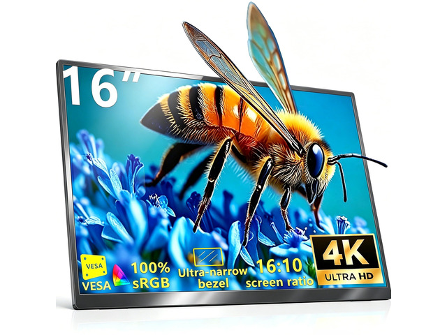 16 4K Portable Monitor, 3840Ã—2400 IPS 16:10 Gaming Display 400-Nit HDR Second Screen with Speakers, Stand, Vertical Mode & VESA Mount for Laptop,...