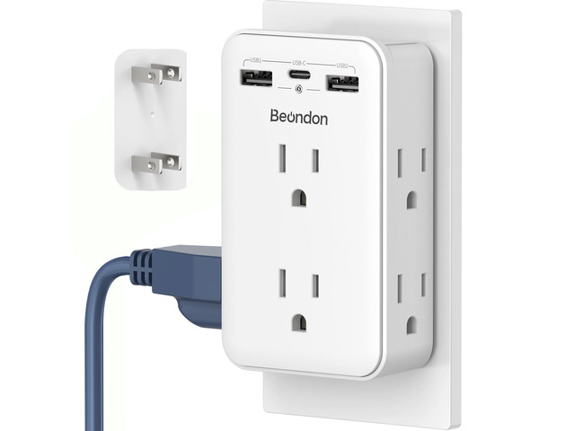2 to 3 Prong Outlet Adapter with 6 Outlets, 3 USB Ports, 1 Pack Three-sided wall extender for older two-prong outlets in homes, apartments and...