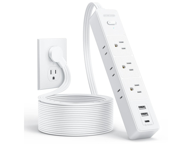 Flat Extension Cord 10 ft, Long Cord, 6 Outlets and 3 USB Ports(1 USB C), 1625W/13A Overload Protection, Wall Mount, Flat Plug Power Strip for...