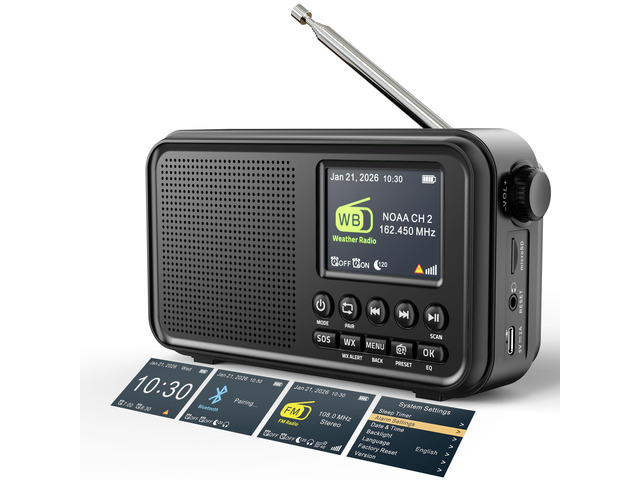 Portable FM Radio with Bluetooth, NOAA Weather Radio, 3000mAh Rechargeable Auto Scan 40 FM Presets, 8W Speaker, 6 EQ Modes, Dual Alarms, Sleep...