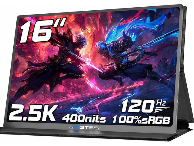 Portable Gaming Monitor, 16-inch, 120Hz, 100% sRGB, 2.5K QHD, 400 nits, with HDR, Ultra-Slim Design, Eye Protection Features, External Second...
