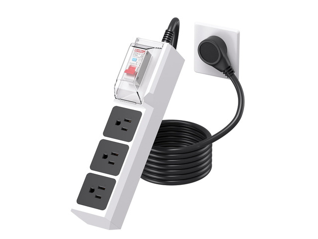 GFCI Power Strip, 10ft Heavy Duty Extension Cord, 30mA RCBO Circuit Breaker 3 Outlet (1875W/15A) 14 AWG for Home, Factory Workshop, Garage,...