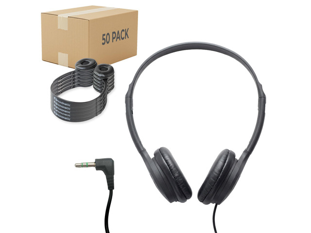 SN313 Bulk Classroom Headphones 50 Pack Wired On-Ear Stereo Headphones for Students K-12, Leatherette Earpads, 3.5mm Jack, Compatible with...