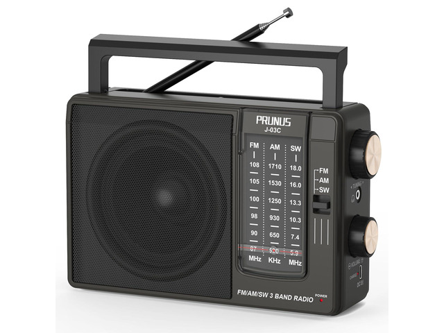 J03C AM FM Radio Portable USB C or AA Battery Operated, Home/Outdoor Large Speaker Excellent Sound, Excellent Reception, Large Tuning Knobs,...