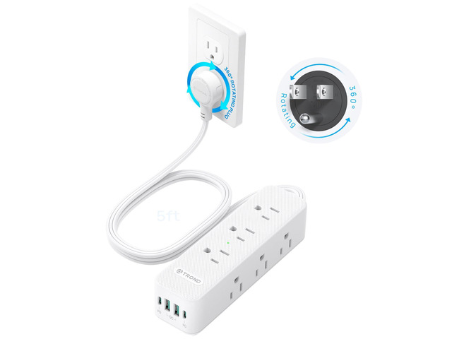 360° Rotating Flat Plug Power Strip 5ft with USB PD 20W, 9 AC, White Flat Extension Cord Surge Protector 1300J, 1625W, Wall Mountable, for Home...