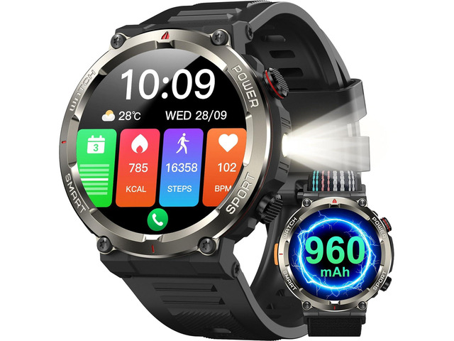 Military Tactical Smart Watches for Men, 1.45' Smart Watch for Android and iPhone, Fitness Tracker Watch with Compass & Flashlight/30-Day...
