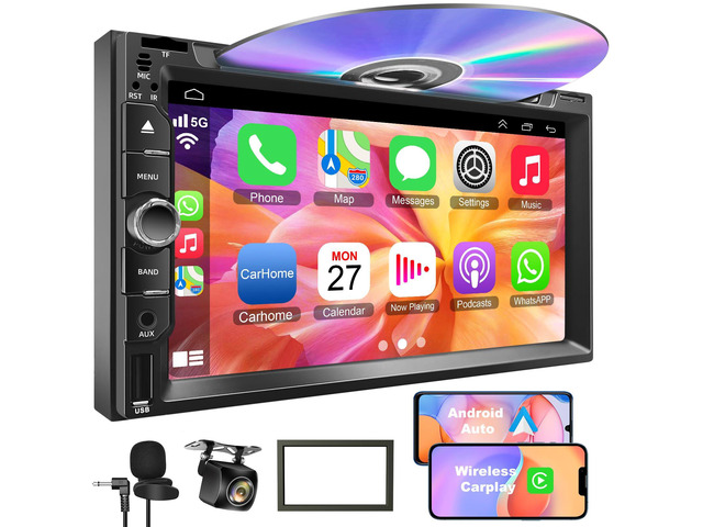 Double Din Car Stereo with CD/DVD Player, 7-Inch Touch Screen, Bluetooth 5.2, CarPlay/Android Auto, Backup Camera, USB/TF Card Slots, FM Radio, AUX...