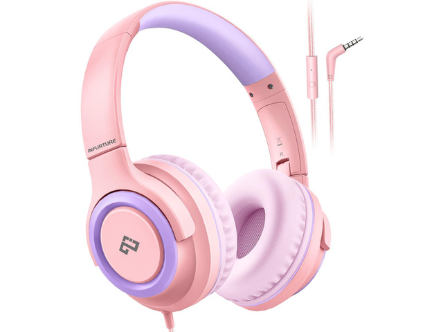 Kids Headphone for School with Microphone, Pink Wired Headphones Adjustable for Boys/Girls, Soft Ear Muffs, Volume Limit, Foldable, Lightweight...