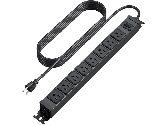 Metal 360Â° Rotating 8 Outlet Mountable Power Strip, 6FT, Black, 1 8 Outlet Surge Protector Power Strip, Heavy Duty Wall Mount Surge Protector...