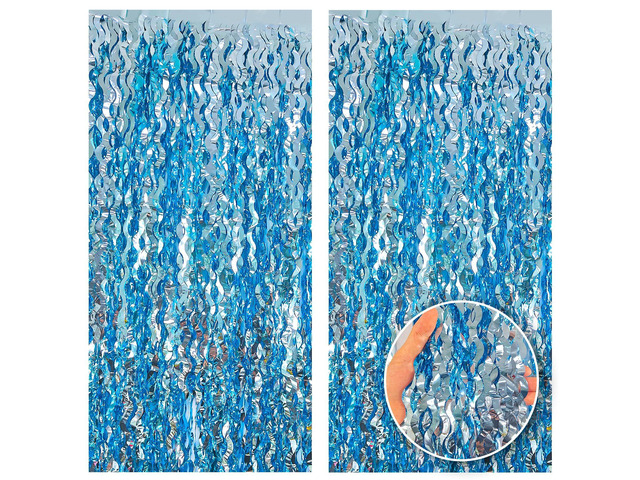 6-Pack Foil Fringe Curtains, Blue Under-the-Sea Party Backdrop 3.2x6.5 Ft Wavy Metallic Tinsel Ocean Streamers for Mermaid Birthday, Beach...