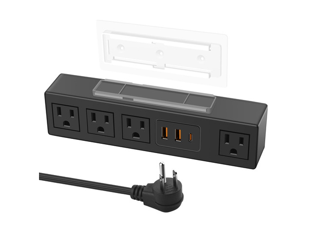 Power Strip with USB Fast Charg, Flat Plug Extension Cord, 10Ft, 30W Under Desk Surge Protector 1200J, With Self Adhesive Holder,Wide...