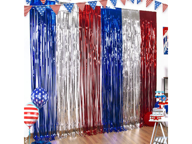 4th of July Decorations Red White Blue Foil Fringe Curtains, 3 Pack Patriotic Photobooth Props, Party Backdrop, Fourth of July Streamers, USA...