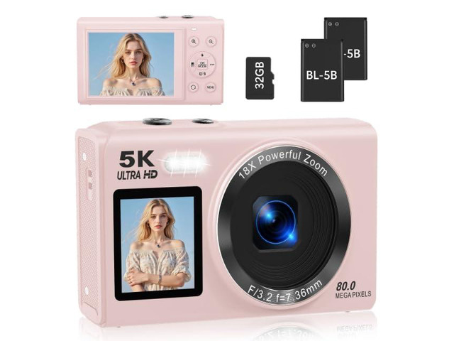 5K Digital Camera for Photography, 80MP Dual Screen Vlogging Camera for YouTube with WiFi, 16X Digital Zoom, Beauty Function, 2.8-inch Screen, Fill...