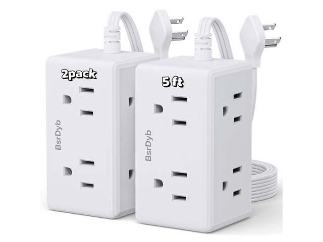 2 Pack 5Ft Flat Plug Small Power Strip,3-Side White Extension Cord with 6 Wide Outlets Extender,No Surge Protector,Cruise Ship Essentials,Multi...