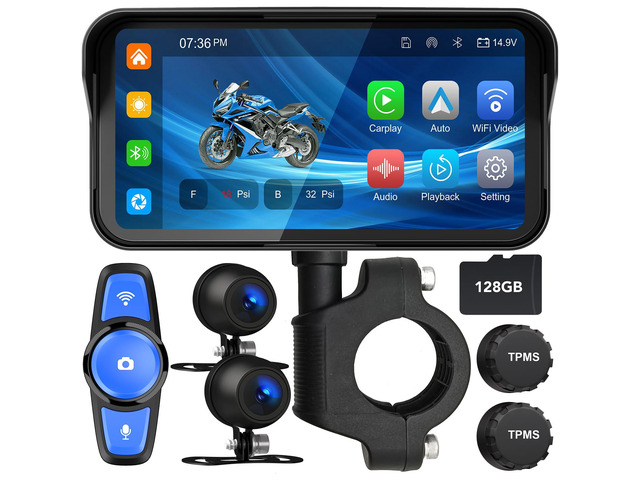 6.25' Motorcycle Carplay with GPS Navigation System, IPS Waterproof Touchscreen, Inculed SD-128GB, TPMS, HD Touch Screen Auto and Dual 1080P...