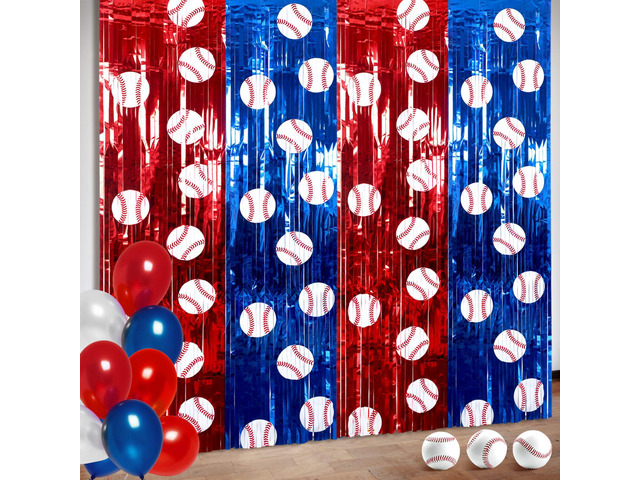 2 Pack Baseball Foil Fringe Curtain 3.3x6.6 ft Baseball Backdrop Baseball Birthday Party Backdrop, Sports Team Decorations, Tinsel Curtain Photo...