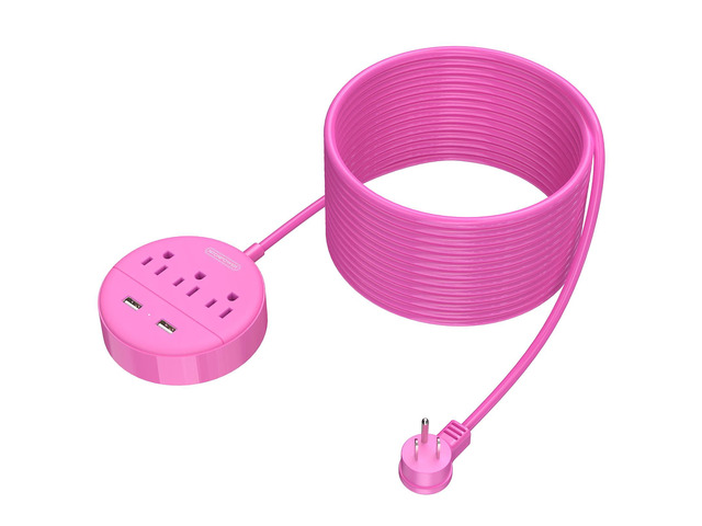 Pink Extension Cord 25ft, Flat Plug Power Strip with Long Extension Cord, 3 Outlet 2 USB Compact Desktop Charging Station Wall Mount for TV Living...