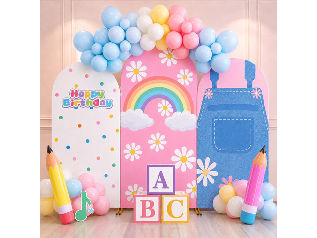 3 Pcs Cartoon Teachers Arch Covers English Teacher Themed Party Decor 6ft 6.6ft 7.2ft Spandex Backdrop Cover Rainbow Daisy Arch Backdrop for Girls...