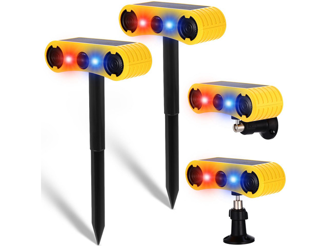2 Pack Solar Outdoor Motion Sensor Alarm with Stake Animal Deterrent 2 x 129dB Loud Noisemaker 13 Sound Detector Strobe Light, 4 Mode Dog Barking...