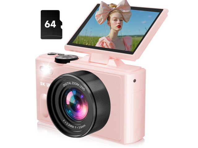 5K Cameras for Photography, Pink Digital Camera with 3' 180Â° Flip Screen with 18X Zoom, 64GB SD Card, Compact Travel Camera for YouTube with...