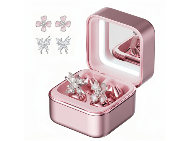Wireless Earbuds with LED Makeup Mirror Case, Bluetooth 6.0 Open Ear Clip-On Headphones, Cute Pink Air Conduction Earphones for Women, Low Latency,...