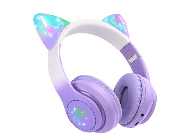 Kids Wireless Headphones LED Light up Cat Bluetooth Headphones, Color Changing Cat Ear Wireless Headsets with Microphone for...
