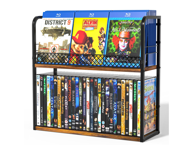 2-Tier DVD Storage Rack, DVD Shelf, DVD Holder Organizer with Display Top Shelf & Non-slip Pads, Stores Up to 56 DVDs, Retro DVD Stand Tower for...