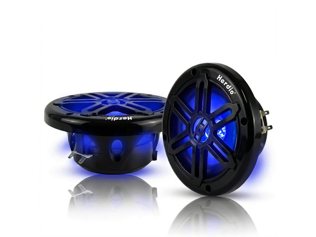 8' 450W Marine Speakers - IP66 Waterproof Coaxial Audio, with Blue LED Light for Boats, ATVs, UTVs with UV Resistant Black Grille (A Pair)
