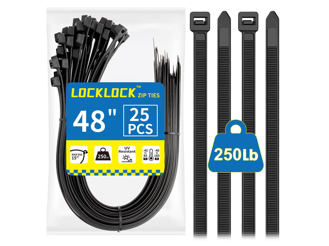 Large Zip Ties Heavy Duty Outdoor 48 inch (25 Pack), Heavy Duty Zip Ties 250 lbs, Black