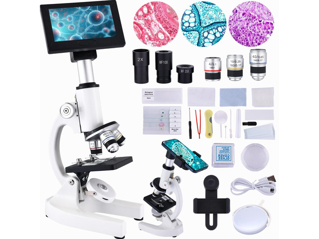 Microscope 40X-2500X Magnification with 4.3-inch Display, Wide-Angle 10X and 25X eyepieces, and Built-in 5-megapixel Camera for School Labs, Animal...