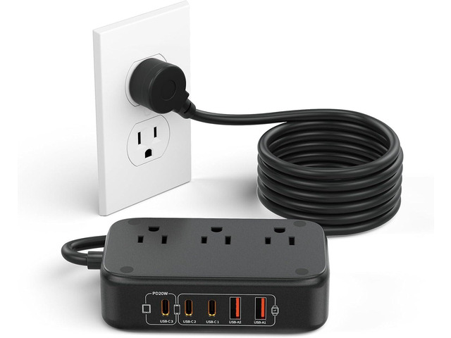 Travel Power Strip PD20W - 3AC & 5USB(3 USB C), 5FT Extension Cord 8-in-1 Power Strip with USB C Port for Home, Portable Compact Charging Station...