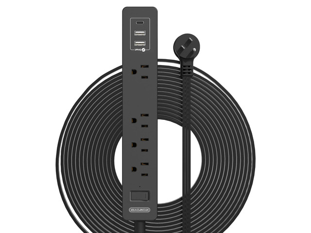 Flat Extension Cord 15 Ft, Ultra Thin Flat Extension Cord Under Carpet, Rug, Door, Wall Mount Power Strip Flat Plug with 4 Outlets 3 USB(1 USB-C),...