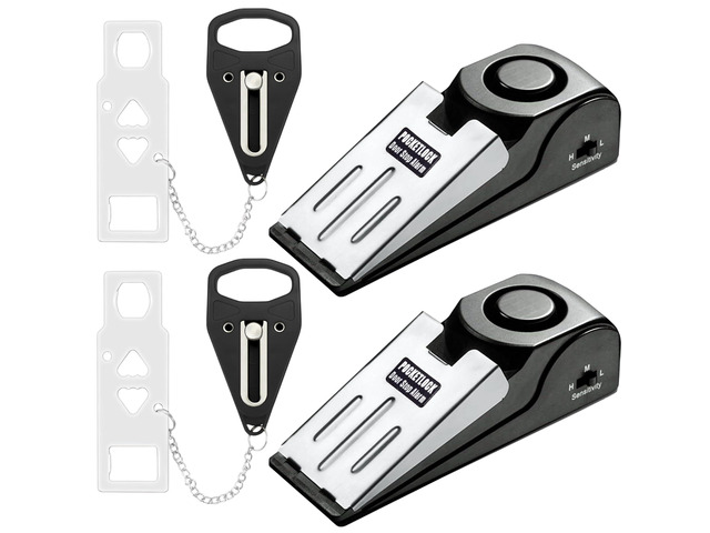 Portable Door Lock + Door Stop Alarm Set Travel Safety Kit for Hotel Rooms, Home, Dorms & Apartments (Black, 2-Pack - 2 Locks + 2 Alarms)
