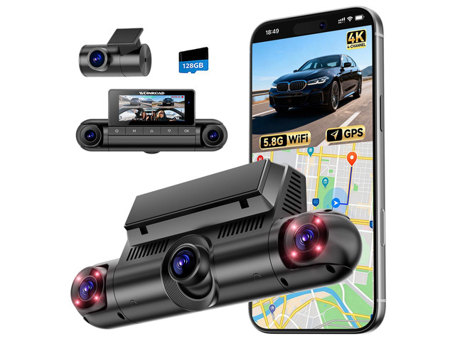 4K 360° Dash Cam, 4-Channel Dash Camera Front Rear Left Right with GPS 128GB Card Included, Built-in 5.8GHz Wi-Fi & App, 8 IR Night Vision,...