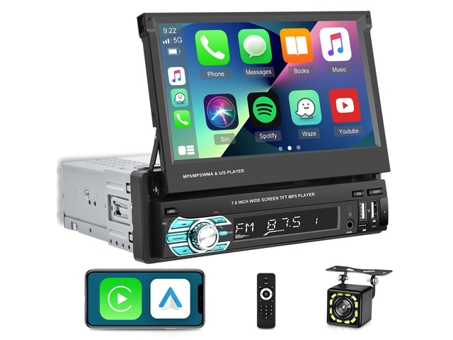 Single Din Flip Out Screen Car Stereo with Wireless Carplay Android Auto 7 inch 1 Din Touch Screen Radio Support Bluetooth/SWC/USB/FM + Backup...