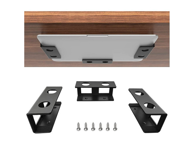 Under Desk Laptop Mount, Metal Under Desk Shelf Holder for Laptop, Mac mini, MacBook, Keyboard with Anti-Scratch Silicone (Black)