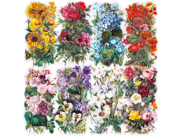 100 Pieces Vintage Flower Stickers Set - Big 3.4' Waterproof Clear Botanical Floral Journaling Sticker for Scrapbooking Junk Journal Supplies...