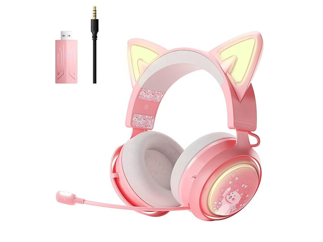 Cat Ear Headphones, 2.4G/Bluetooth Wireless Gaming Headset for PS5, PS4, PC with RGB Lights and Retractable Mic, 10Hrs Playtime, 7.1 Surround Sound...