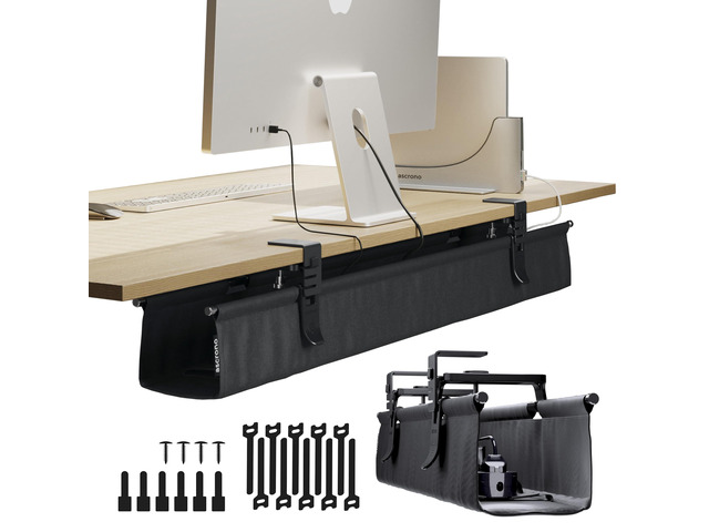 Original No Drill Under Desk Cable Management Tray 40.6' - Premium Black Fabric Cable Management Under Desk - Clamp/Screw Mount Cord Organizer -...